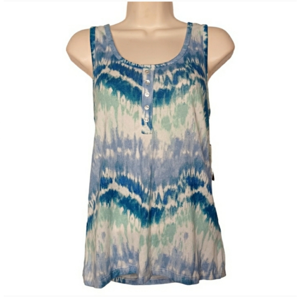 KIKIT Blue White Green Tie Dye Print Sleeveless Stretchy Tank Top Medium NWT